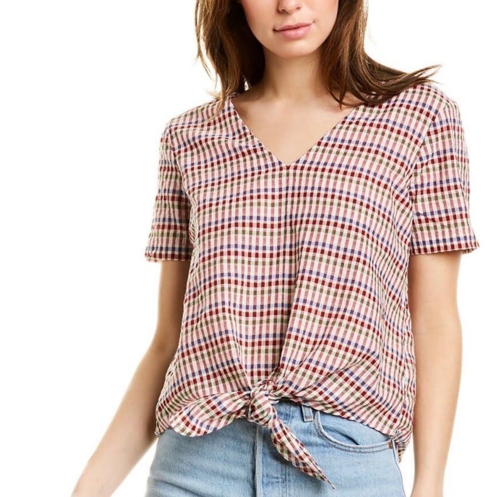 Madewell NWT XXS Boxy V Neck Short Sleeve Tie Front Cotton Mini Plaid Top